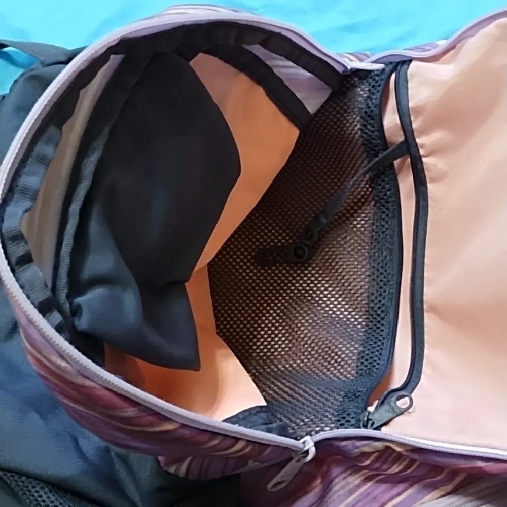 Adidas backpack, gray with variegated pink purple peach